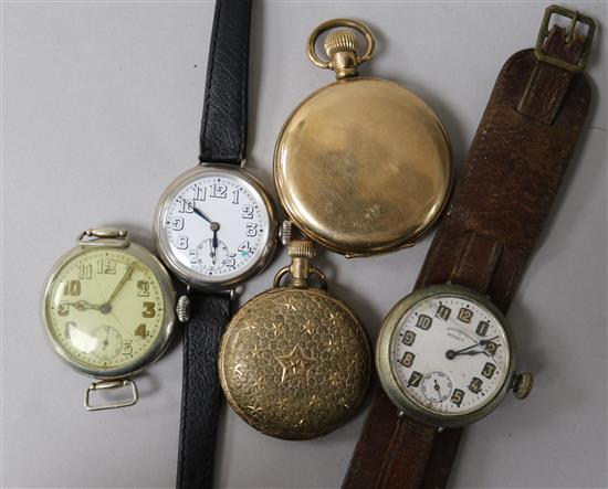 A gentlemans early 20th century silver wrist watch and four other assorted watches including two gold plated pocket watches.